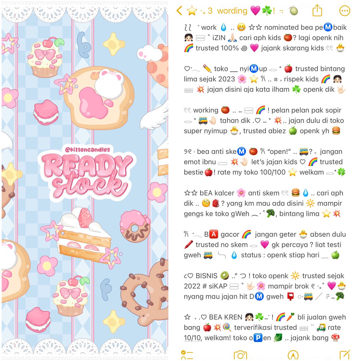 kittencandles's tweet image. 🍎 “PEEP — 🅿️EEP” .. !! 🚌✋
help repost mate! thankie 🐣🩷

haii 🥝🌸! hari ini judith bawain 8 BIO WORDING untuk BA ready stock ✏️🌈 &amp;lt;3 with price only 3.500 / each ajah lho ‼️🍏 ayo jajan sekarang 🔆 &amp;gt;__&amp;lt; pemesanan bisa lewat dm atau tele ya!

tags 🍅 : #zonauang #zonaba
