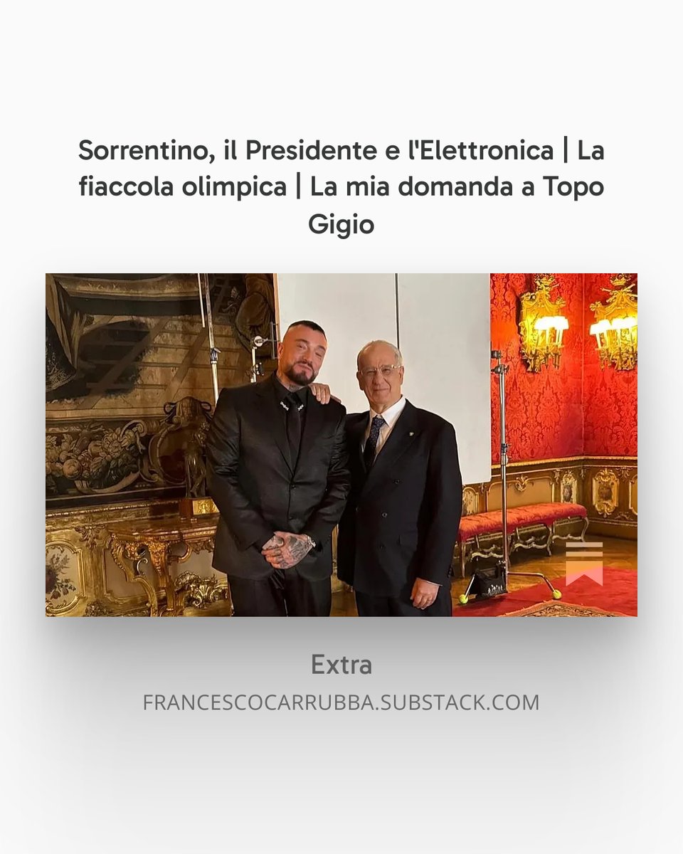 La nuova puntata della newsletter EXTRA, se vuoi:
francescocarrubba.substack.com/p/sorrentino-i…
#PaoloSorrentino #Sorrentino #cinema #ToniServillo #elettronica #rap #hiphop #Olimpiadi #olimpiadiinvernali #MilanoCortina #topogigio #musical