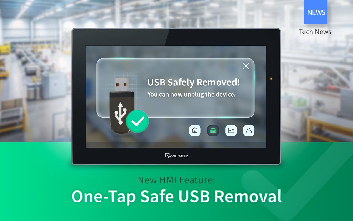 Removing a USB drive from your HMI too early is a gamble with your data. Don't risk data corruption and downtime. 🛑

Weintek’s new #Safe #USB / #SD #Removal feature solves this at the source:

Read the full guide to see how to enable it👉
weintek.com/About/NewsDeta…

#Weintek #HMI