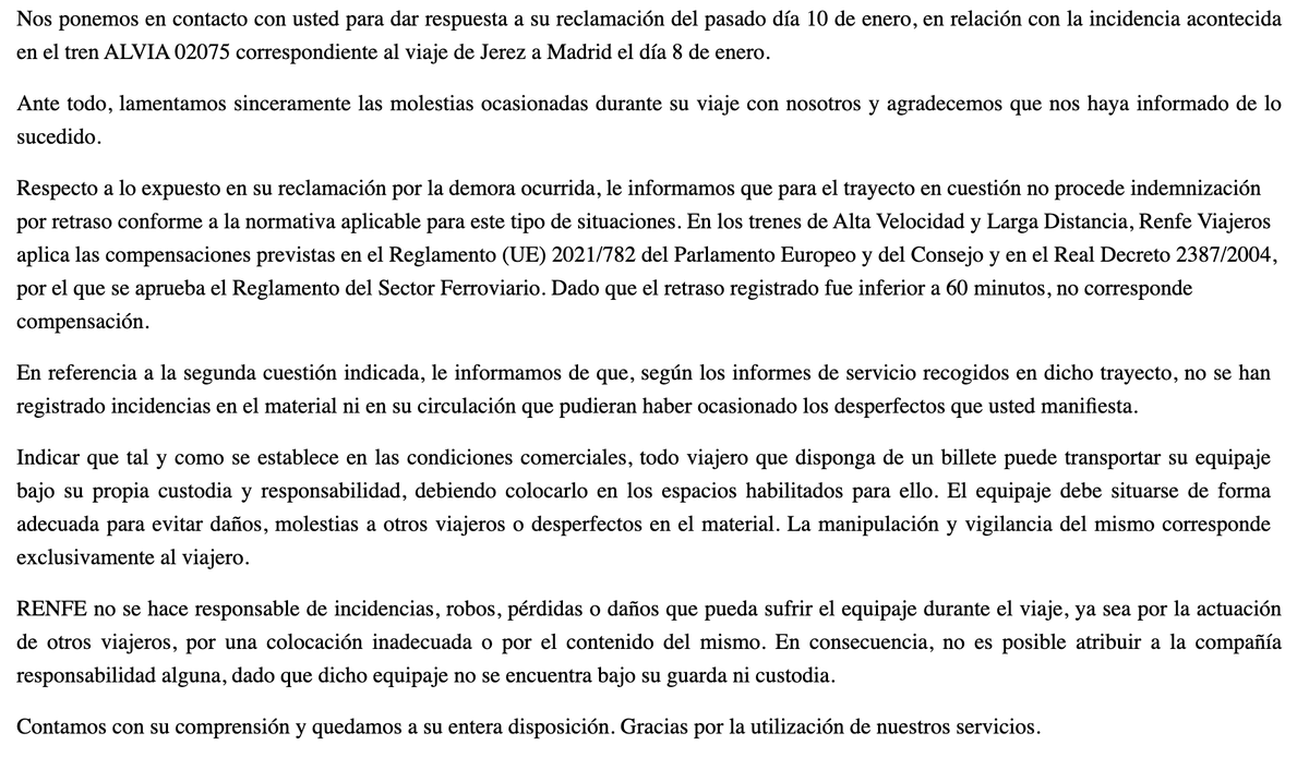 marinatorreira's tweet photo. Escribí esto el día que tuvimos un retraso en el tren del Alvia el 8 de enero, yendo por vías convencionales y cambiando de tren en Córdoba... Llegué a Madrid a las 13:22h y hoy me mandan un correo los de @Renfe después de quejarme por haber tardado mucho mas de lo esperado y por todo los cambios que tuvimos que hacer y pedir que se me devolviera el dinero del billete segun su politica de reembolso completo por mas de 60min de retraso y cogen y me dicen que el tren llegó a su hora y que no hay retraso... COMO COÑO TE COMES ESO??? 

Pero no van a saber donde estaba el Alvia de la tragedia si no saben ni cuando llegan sus propios trenes a destino... Pongo por aquí el mensaje y la respuesta que dieron por caerme en el cambio del tren y también rompérseme la maleta, resultado: les importa una mierda....

@Adif_es no teníais constancia, o cómo es esto??