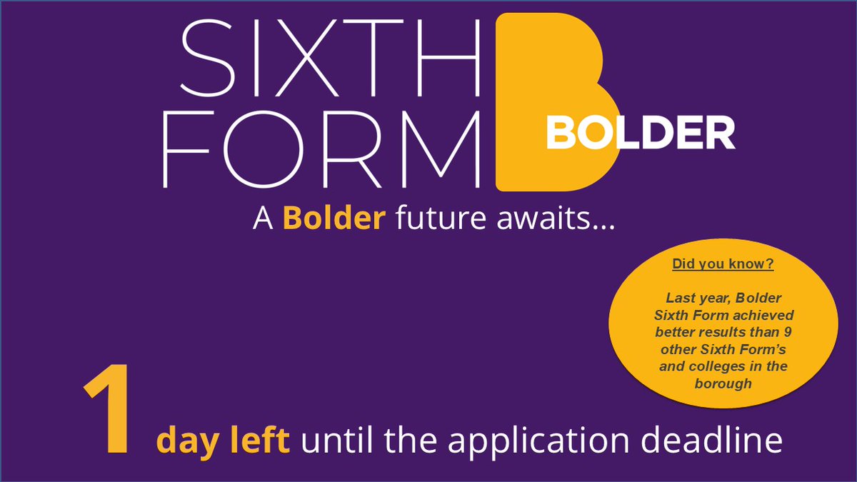DID YOU KNOW?
Last year, Bolder Sixth Form achieved better results than 9 other Sixth Form&rsquo;s and colleges in the borough.

APPLY NOW -&nbsp; bolderacademy.co.uk Image