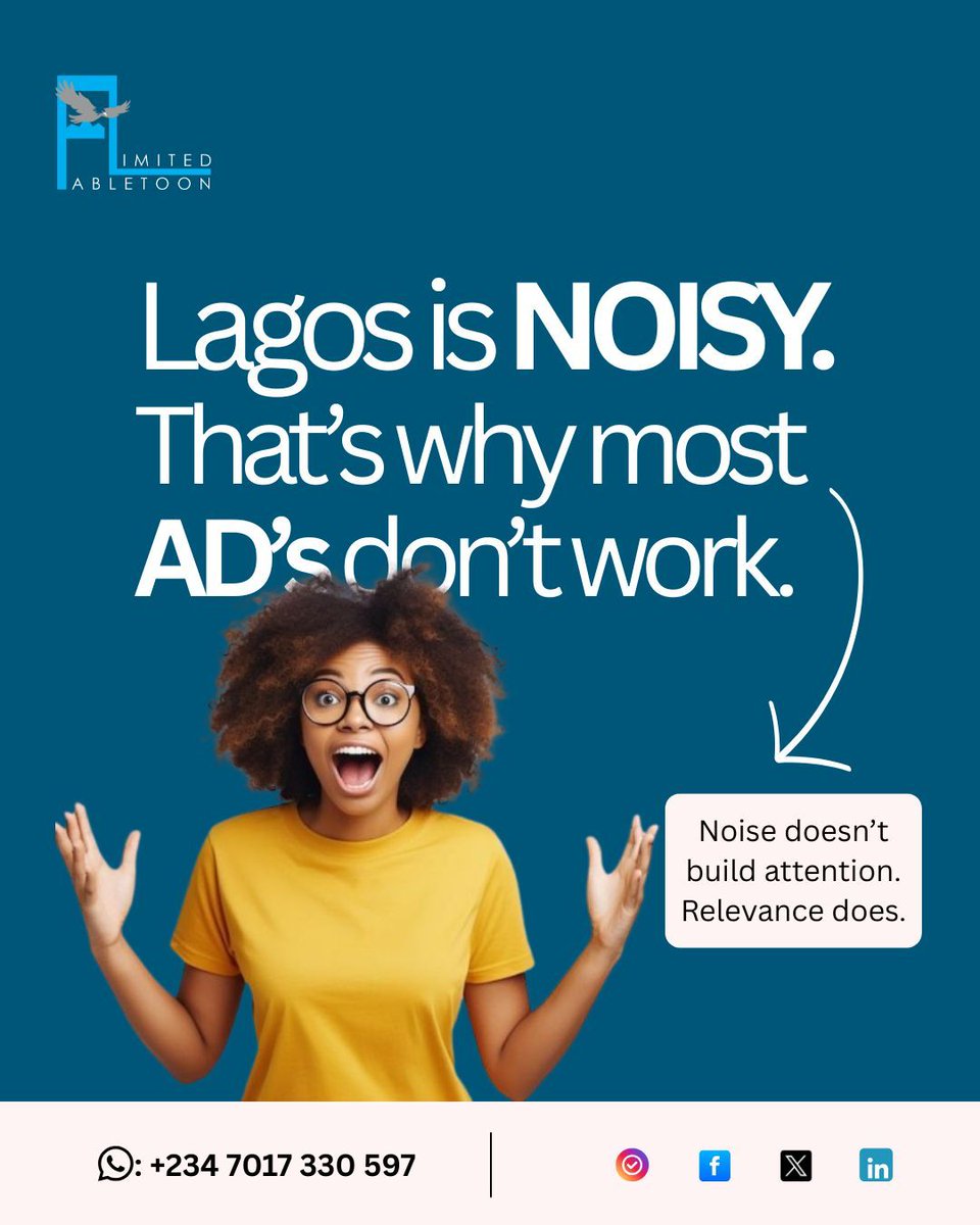 FabletoonA's tweet photo. Lagos is noisy.
That’s why most ads don’t work.

Noise doesn’t build attention. Relevance does. 

Most ads fail not because they’re bad —
But they add more noise to an already noisy place.

Attention isn’t captured by volume.
It’s earned through clarity.

Like and follow https://t.co/Cct46aZF07