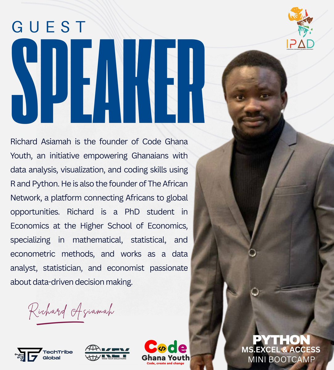 TechTribeGlobal's tweet image. 🤖TECHTRIBE GLOBAL🤖

Meet our Guest speaker, Mr Richard Asiamah, founder of Code Ghana Youth and The African Network.
You can't afford to miss this, let's make a date!✨
Date: 8th, 15th and 22nd February 2026
Venue: Google meet
Let's learn and grow together!
TECHTRIBE GLOBAL ©️