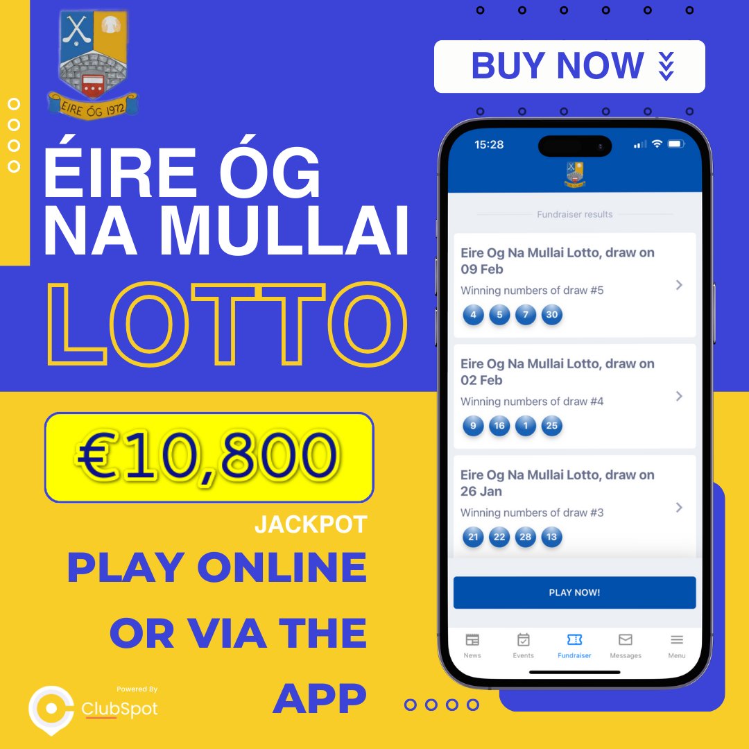 Reminder H U G E - JACKPOT this week
Get all the latest news on the Éire Óg Na Mullaí CLG app member.clubspot.app/club/eire-og-n…