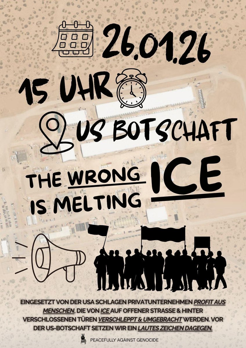 Mausebaer17's tweet photo. The wrong ICE is melting! Kommt alle am Montag, den 26.01.25 zur Botschaft der USA in Berlin auf den Pariser Platz am Brandenburger Tor! #b2601 Ab 15 Uhr wird es eine Kundgebung von Peaceful against Genocide geben. Seid dabei, seid laut! https://t.co/cH2Mph3T6f