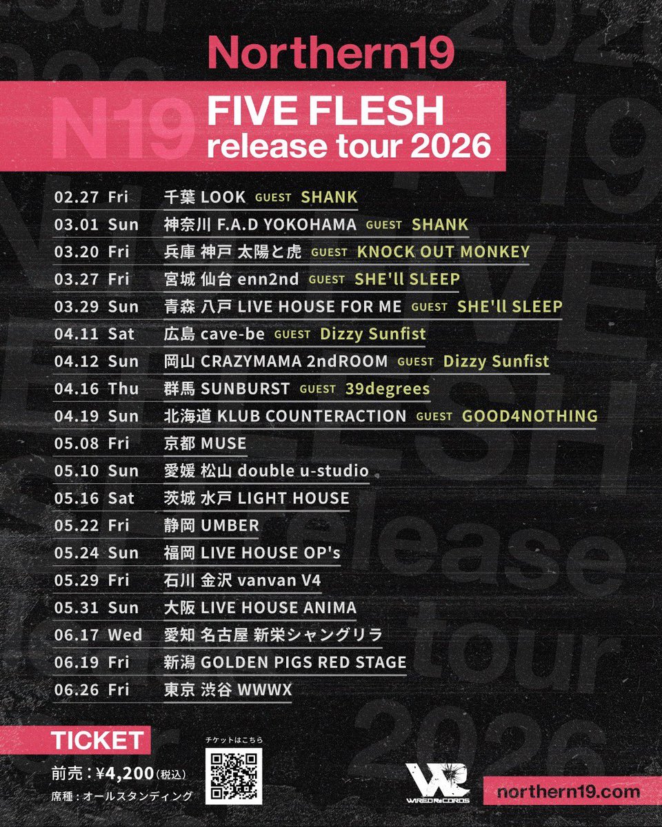 【BIG NEWS!!!】
NEW EP“FIVE FLESH”release tour
第一弾ゲストアーティスト大解禁🔥

詳細は画像をチェック👀

明日1月24日(土)10:00〜
全公演チケット一般発売開始！
▶︎w.pia.jp/t/northern19-f…

各地お待ちしています✨

 #Northern19
 #FIVEFLESH