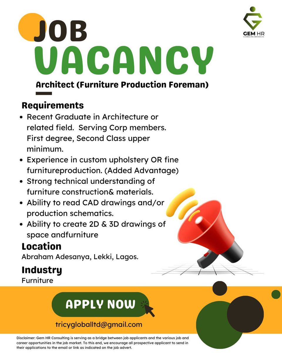 gem_hr's tweet image. 🔥Urgent Hiring: Architect!🌟Location: Abraham Adesanya, Lekki, Lagos.💌APPLY: tricygloballtd@gmail.com⏳Act fast—this opportunity won't last! 👥 Know someone ideal? Tag them! #architect #architecturaldesign #furnitureproduction #furniture #abrahamadesanya #lekkilagos