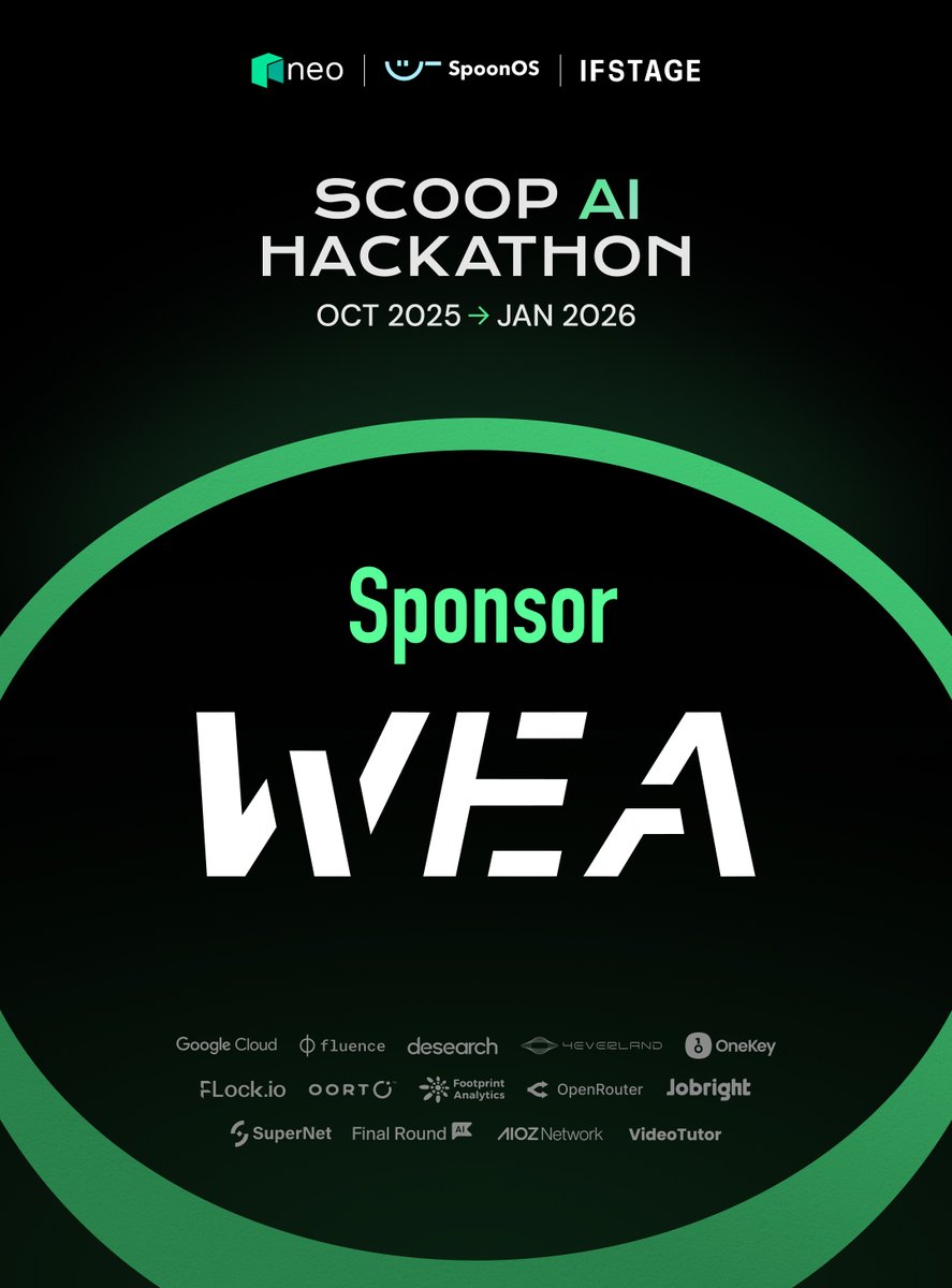 SpoonOS_ai's tweet image. 🎉 Welcome WEA, a sponsor of the Scoop AI Hackathon: Tokyo Bowl! 
     
Co-hosted by @Neo_Blockchain and SpoonOS, the hackathon explores how AI and blockchain can come together to build a more transparent, efficient, and inclusive foundation for the Sentient Economy.…