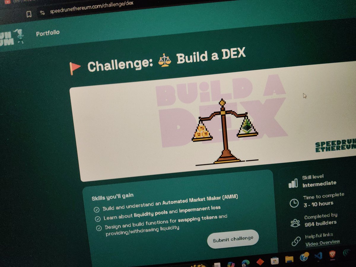aryyy0520's tweet image. So...I'm doing this thing. 

Recently did few challenges from #speedrunethereum 
Time to tackle new one, that's to build a dex. 

Custom ERC20 token &amp;lt;-&amp;gt; ETH.
Gonna learn a lot about AMM formulas, liquidity pools, impermanent loss, LP tokens etc.

Will keep y'all updated🤝🔥
#DEX