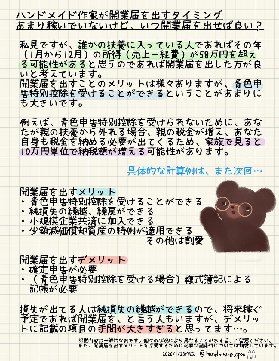 handmade_cpa's tweet photo. 開業届を出すタイミングっていつが良いのだろう、というのは多くの人が抱える、抱えたことのある悩みだと思います🐻💦

いろんな意見があると思いますが、誰かの扶養に入っている人は事業所得が58万円を超えるタイミングで出すのが良いのではないかと考えてます🫧 https://t.co/7NECh5hoKy