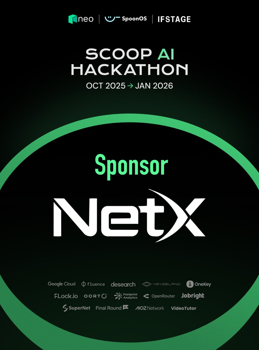 SpoonOS_ai's tweet image. 🎉 Welcome @netx_world, a sponsor of the Scoop AI Hackathon: Tokyo Bowl!    

Co-hosted by @Neo_Blockchain and SpoonOS, the hackathon explores how AI and blockchain can come together to build a more transparent, efficient, and inclusive foundation for the Sentient Economy.…