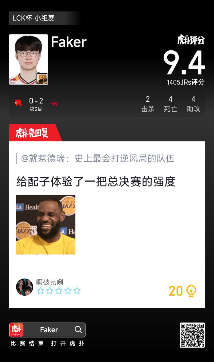 HupuEsports's tweet image. Faker gets a 9.4 for Game 2 against KT:

"The greatest team in history at coming from behind:

"Peyz finally having a taste of what Worlds Finals feels like"

"Tricking the haters to tune in, and slam them, classic"

#LCK #T1WIN