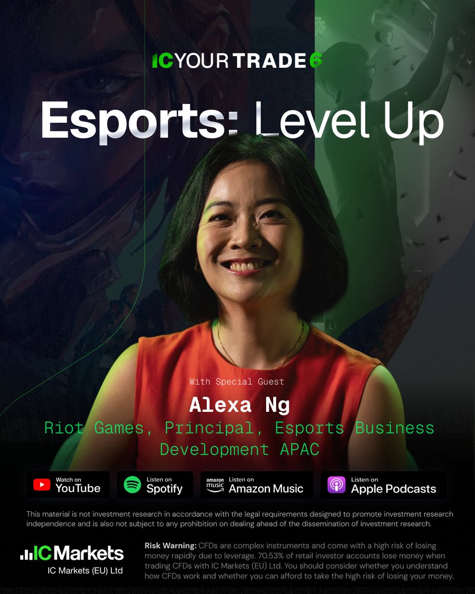 🎮 Episode 4 is LIVE: Esports: Level Up
Alexa Ng breaks down Riot Games’ Gen Z strategy in Episode 4 of IC Your Trade 6.
🕹️youtu.be/pE1HI1J69oE
*Risk Warning: CFDs involve high risk of loss. 70.53% of retail accounts lose money with IC Markets (EU) Ltd.
#ICYOURTRADE #ICMarkets