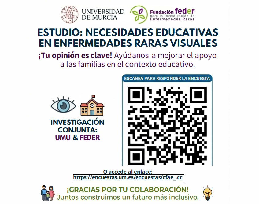 Desde el Creer apoyamos la difusión de un estudio de la Universidad de Murcia y FEDER dirigido a familias de menores con enfermedades raras visuales. Vuestra participación es clave para una educación más inclusiva.👉 encuestas.um.es/encuestas/cfae… 

#EnfermedadesRaras