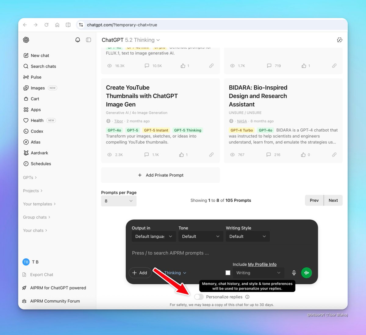 Personalize replies toggle