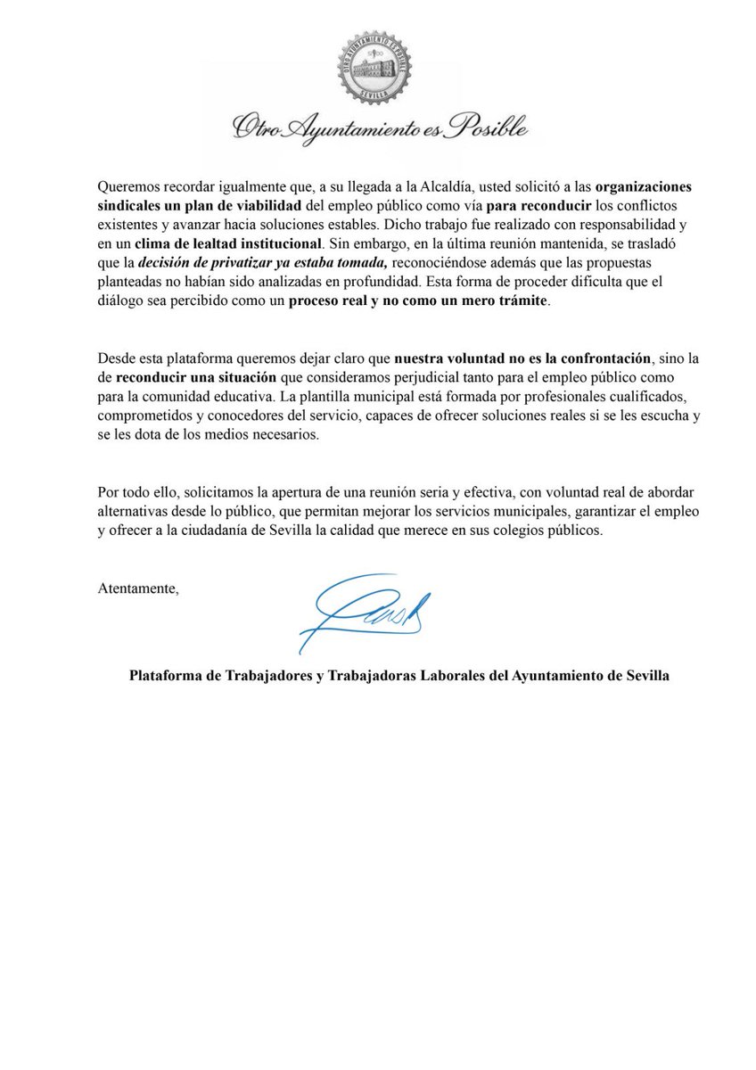 OTROAYTOESPOS's tweet photo. Hoy, como Plataforma de Trabajadores, le hemos respondido por escrito aclarando la realidad del servicio y defendiendo soluciones públicas, serias y viables.
La tranquilidad no se decreta por carta.
Se construye con decisiones, respeto y gestión pública real. https://t.co/cKhWajqqpW