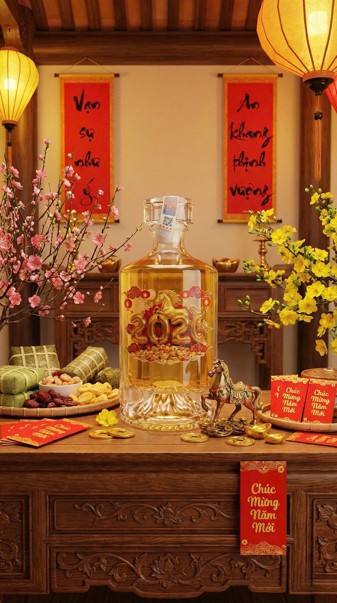 Mai vàng đào thắm sắc xuân sang,
Bánh chưng câu đối đỏ rộn ràng.
Rượu quý Ngọc Linh bồi sức sống,
Mừng năm Bính Ngọ vạn an khang.