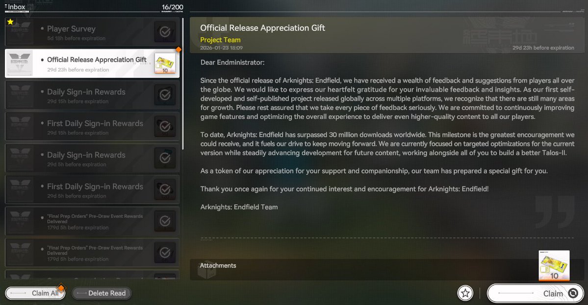 Arknights Endfield gives out 10 Limited Pulls celebrating 30 million downloads