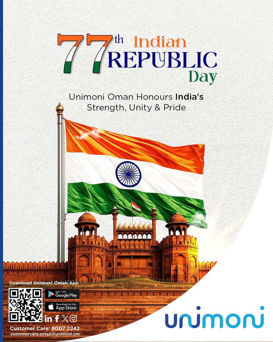 UnimoniOman's tweet photo. Republic Day wishes to India, honoring the nationโs progress, and national unity.
#HappyRepublicDay #RepublicDayIndia #26January #unimoni #unimonioman #unimoniexchange #unimoniapp #oman https://t.co/AwOW7sYxMW