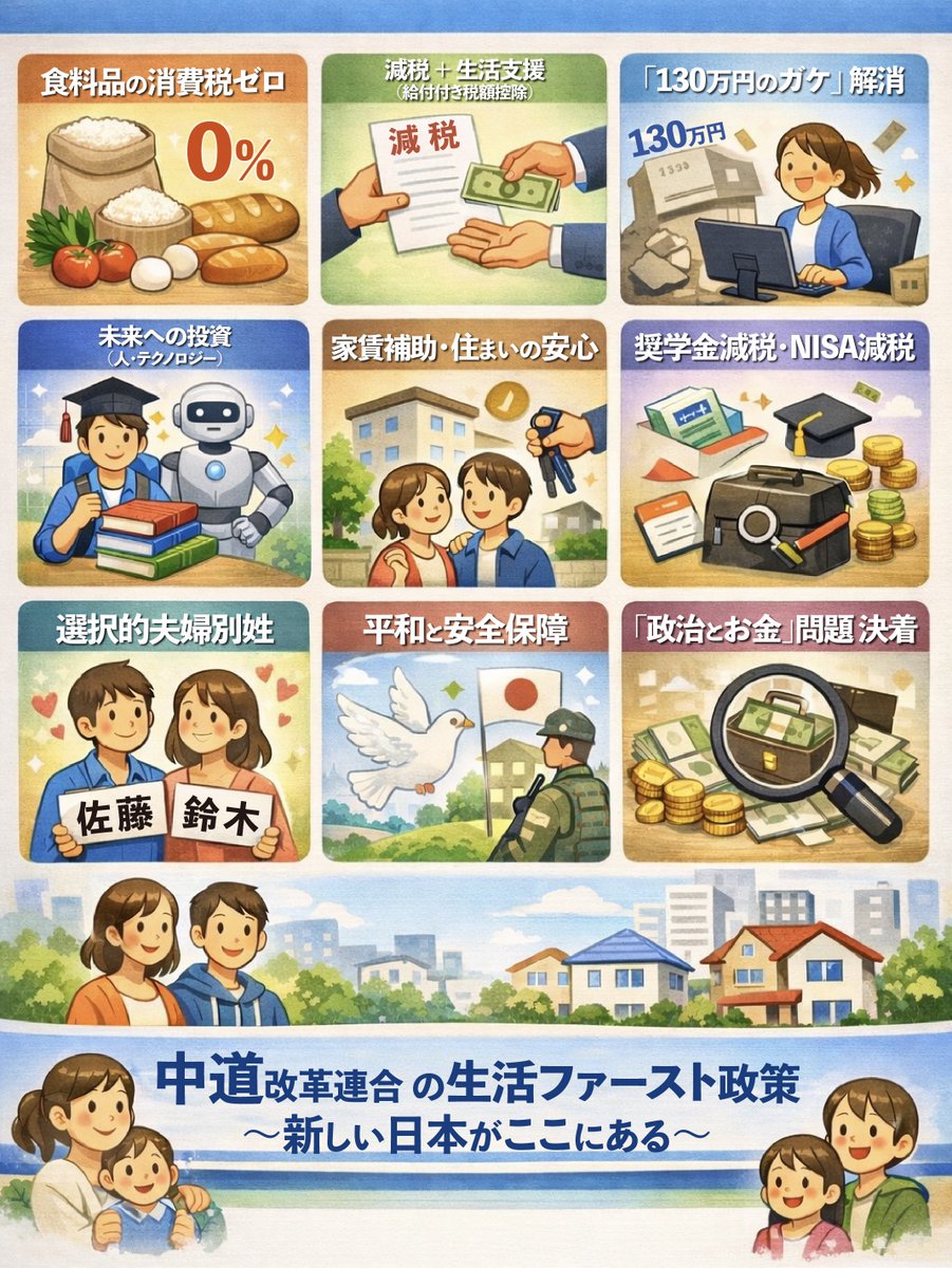 komei_osakacity's tweet image. ／
中道改革連合（#中道 ） 重要政策
わかりやすく解説📣
＼

【生活者ファースト政策】（要約）
〜新しい日本がここにある〜

⸻

1️⃣ 食料品の消費税ゼロ🍚

毎日食べるご飯の消費税をなくして、
家計の負担を軽くします。

⸻

2️⃣ 減税＋生活支援（給付付き税額控除）🧑‍🧑‍🧒‍🧒…