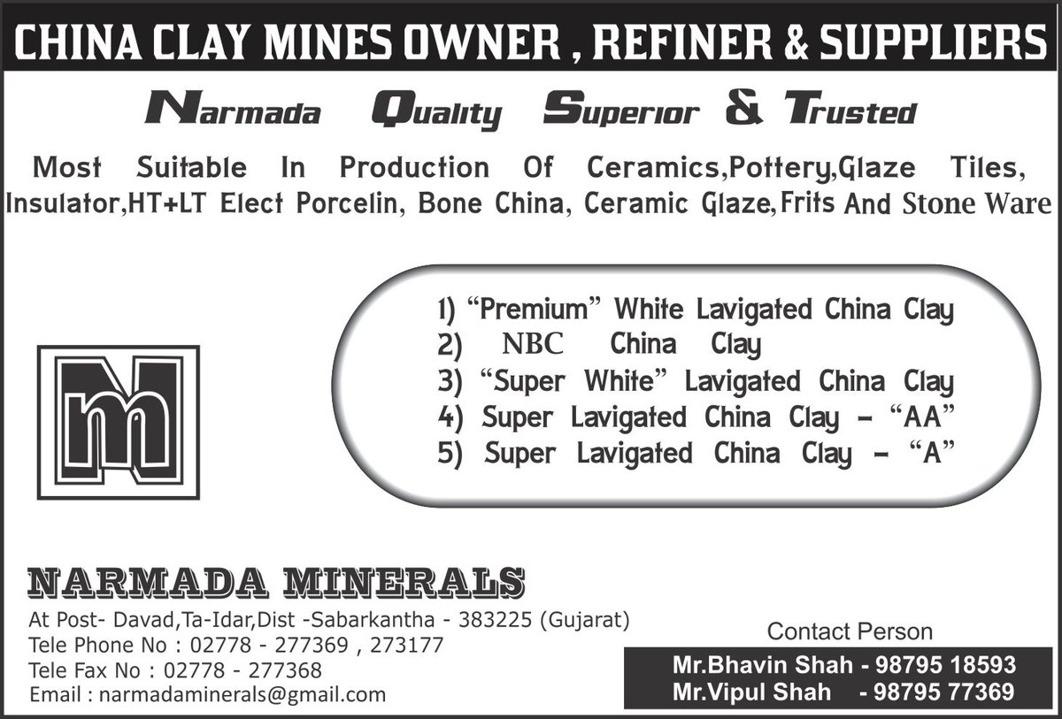 Narmada Minerals, Ceramic India
ceramicindia.com/company-detail…
#ceramic #raw #materials #machinery #spareparts #chemical #roller #grinding #chinaclay #digitalink #color #frit #zincoxide #refractory #feldspar #sodapotash #tiles #sanitarywares #india #morbi #gujarat