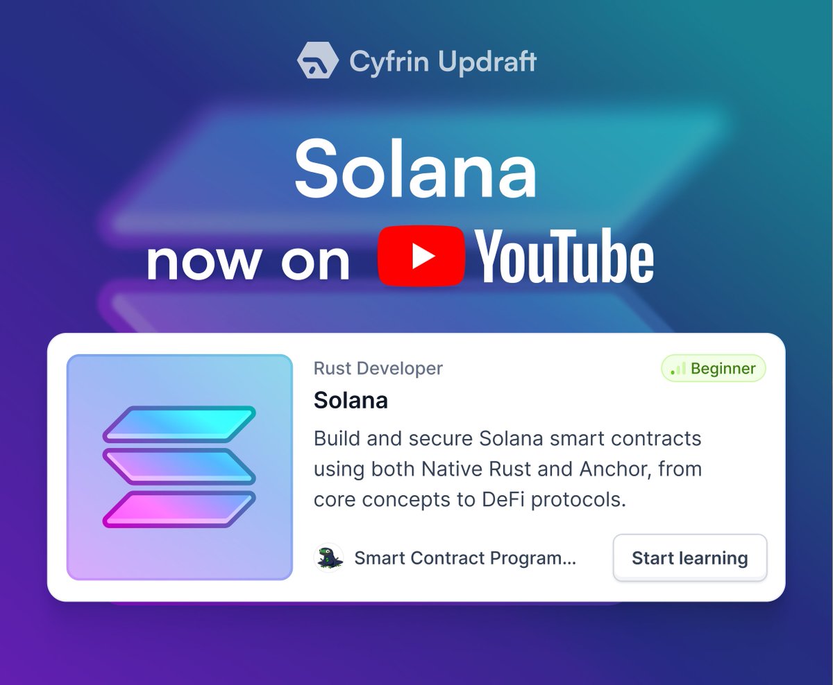 Our recently released Solana course is now on YouTube 🎬

Same comprehensive content. Native Rust + Anchor. Build 6 real programs. Exploit 4 security challenges.

Now accessible to everyone, forever, completely free.