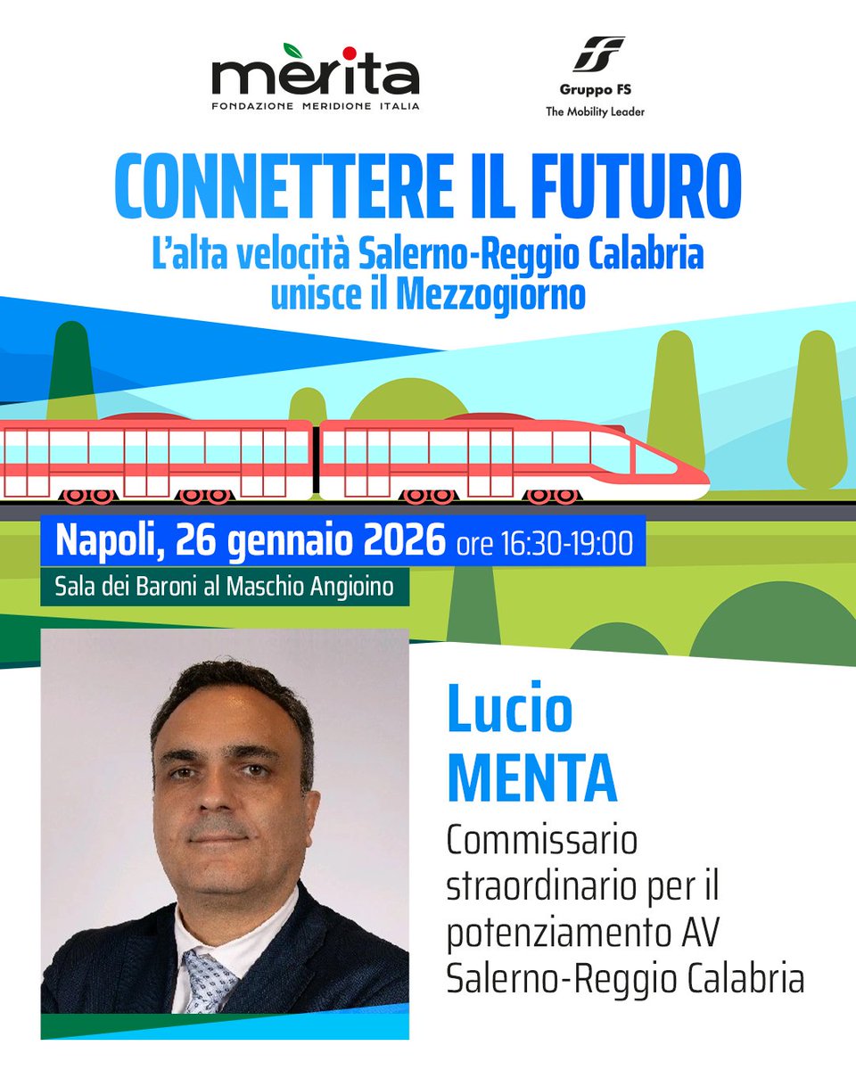 Tra gli interventi attesi al convegno in programma Lunedì 26 gennaio 2026 a Napoli anche quello di 𝗟𝘂𝗰𝗶𝗼 𝗠𝗲𝗻𝘁𝗮  - Commissario straordinario per il potenziamento AV Salerno - Reggio Calabria

I posti sono limitati, iscriviti subito per partecipare in presenza. Trovi il