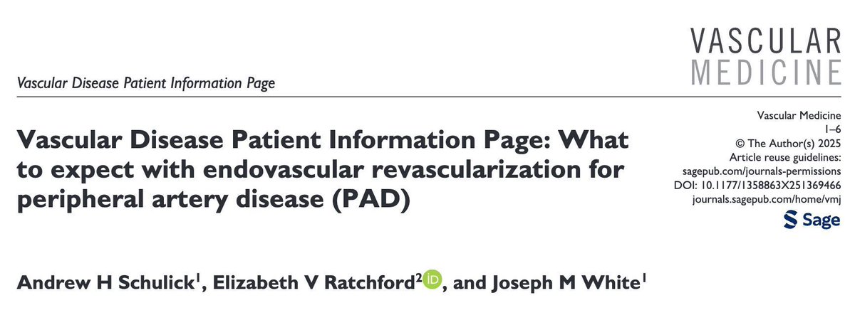 VMJ_SVM's tweet image. From the latest issue:
⭐️New patient information page just published in #VMJ on expectations with endovascular revascularization for PAD
#PAD #CLTI

Free download: journals.sagepub.com/doi/10.1177/13…