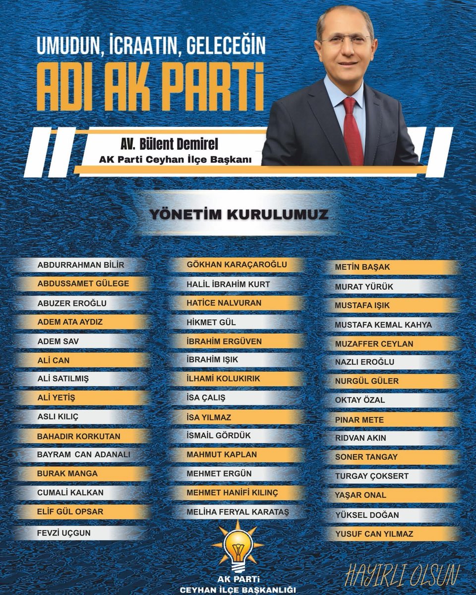 ferhatarslan01's tweet image. AK Parti Ceyhan İlçe Başkanımız Sayın Bülent Demirel ve ilçe yönetimimize hayırlı olsun.
Davamız için sorumluluk alan tüm yol arkadaşlarımıza başarılar diliyorum.
Rabbim birlik ve beraberliğimizi daim eylesin.

#AKPartiCeyhan 
#Teşkilat 
#HayırlıOlsun