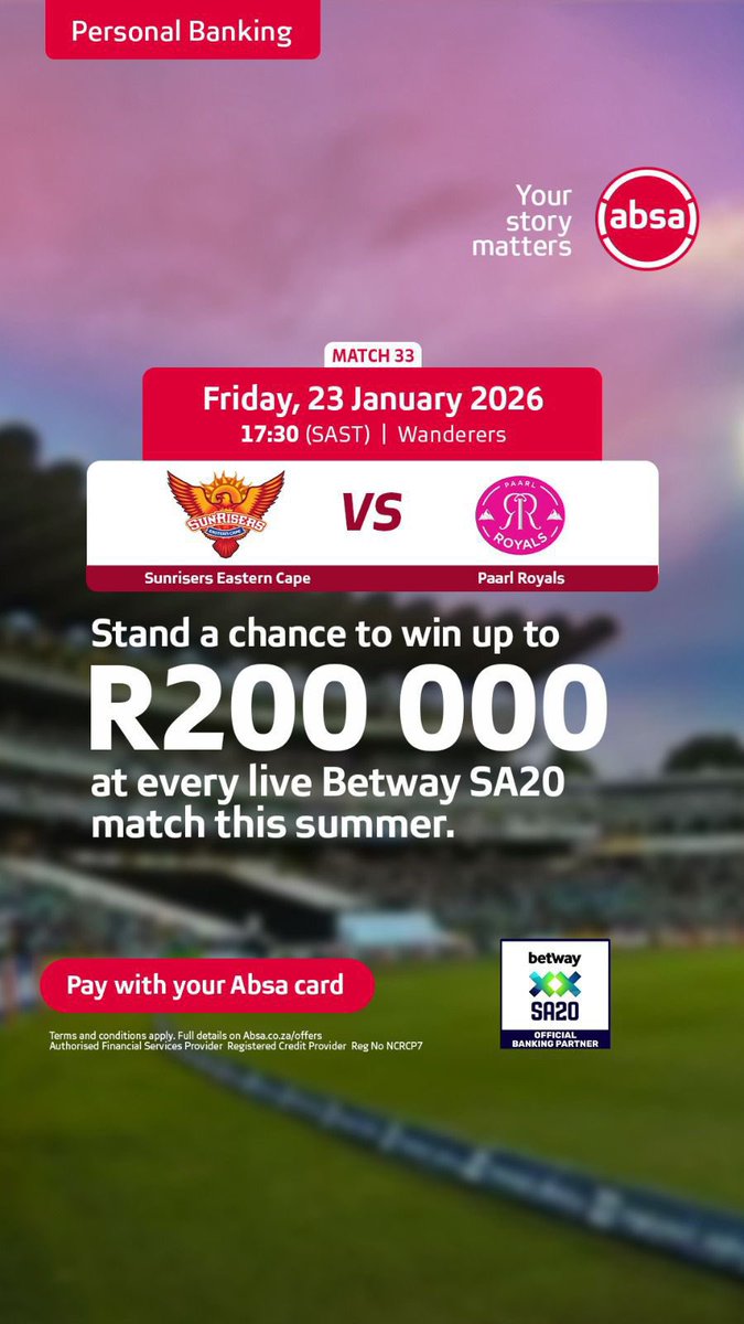 Cricket moments just got more rewarding 🏏🚀 <a href="/AbsaSouthAfrica/">Absa South Africa</a> is giving cricket fans a share of R1 MILLION in rewards this season! Planning to attend the FINAL ? 👀 Areyeng….. 💃🏾Absa cardholders get 25% off tickets when purchasing with their Absa card. #SummerOfRewards