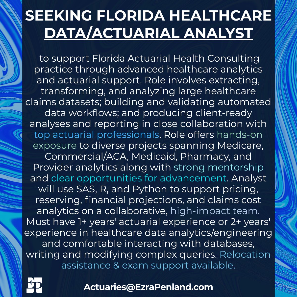 EzraPenland's tweet image. Excellent career growth opportunity for a detail-oriented, technically Healthcare Analytics or Actuarial Analyst in a collaborative, self-driven environment! 
jobs.ezrapenland.com/jb/Actuarial-A…

#Actuarial #HealthcareAnalytics #Consulting #DataAnalytics #Tampa #Florida #EzraPenland #111899