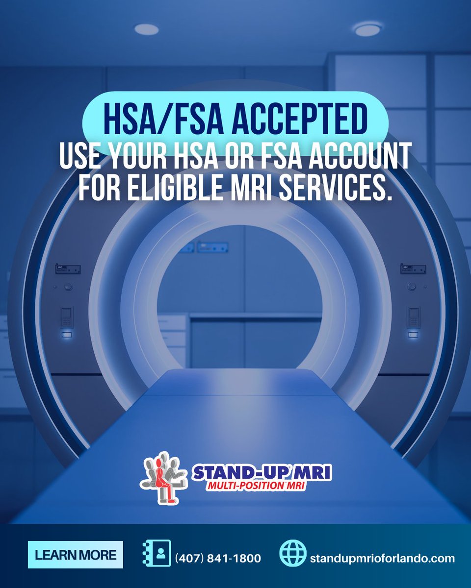 StandUpMRIofFL's tweet photo. Make the most of your HSA or FSA benefits! 💳✅ 

Eligible MRI services can be conveniently covered. Invest in your health with ease.

☎️(407) 841-1800
🔗https://t.co/haDPn0wC8M

#StandUpMRI #OrlandoMRI #ExpertCare #Florida https://t.co/TQsggIwx70