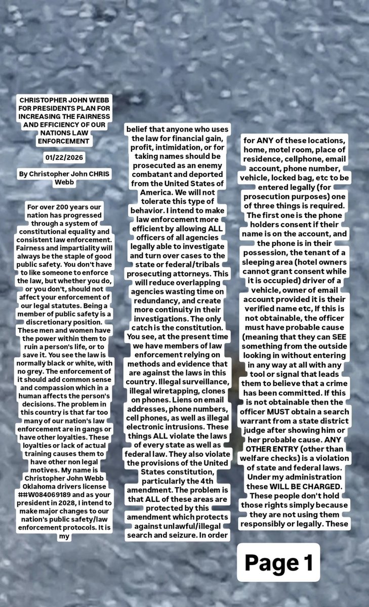 noscarsinheaven's tweet photo. With ONLY the campaign plans I have  written as of today, once accomplished, I will be known as one of the most successful presidents in US history. AND IM A HOMELESS CHEROKEE FROM ARDMORE OKLAHOMA.  VOTE CHRISTOPHER JOHN WEBB FOR PRESIDENT IN 2028 https://t.co/ZiSj2AytGO