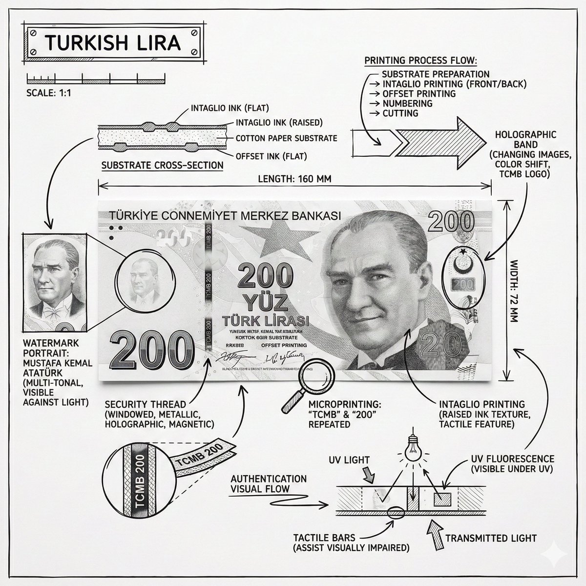 Banknote Infographic - Nano Banana Pro

Create a high-impact technical infographic of the US Dollar banknote, treated as an engineered object.

Use a photorealistic, ultra-detailed US dollar bill as the base image, placed on a pure white studio background.

Overlay black ink,