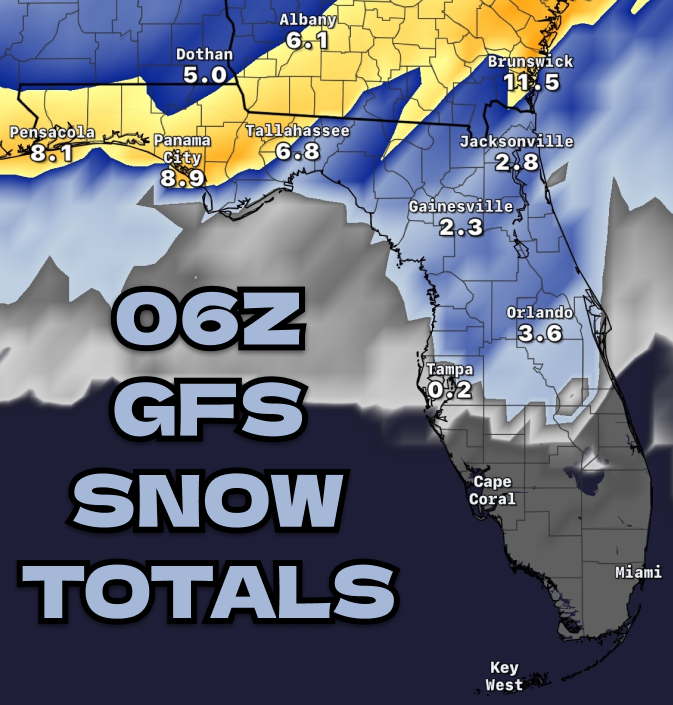This is the craziest snowfall total map we've ever seen from a model for #Florida standards...
Let's hope something like this doesn't verify as it could  make travel nearly impossible! Fortunately it is ~9 days out and a lot can change and as always, we will keep you updated!
