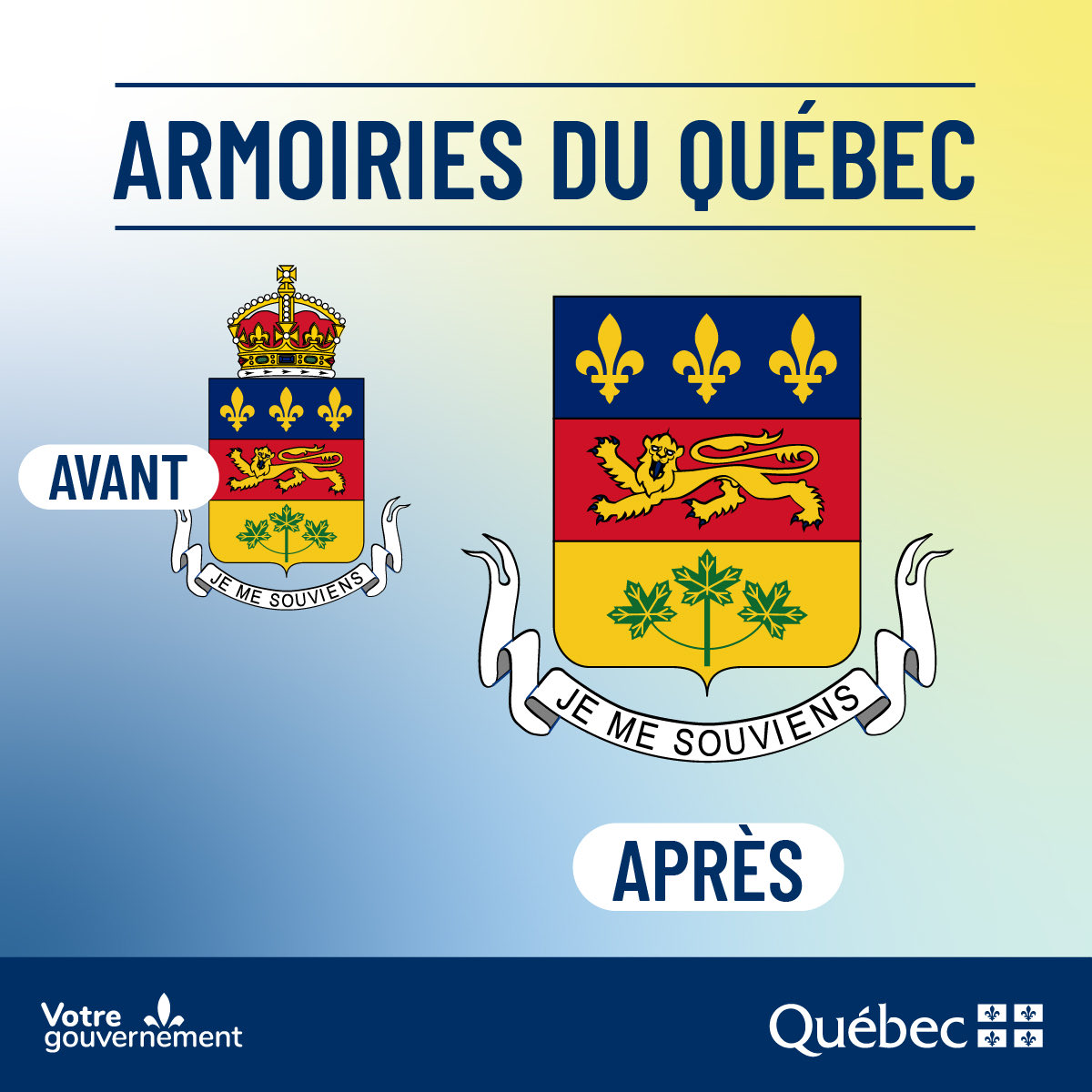 Aujourd'hui, nous avons annoncé le retrait de la couronne des armoiries du Québec.

La vaste majorité des Québécois n'ont aucun attachement envers la monarchie britannique. Les nouvelles armoiries reflètent donc mieux l'identité québécoise telle qu'elle est.