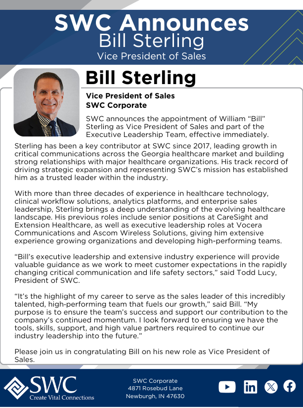 SWC announces the appointment of Bill Sterling as Vice President of Sales and part of the Executive Leadership Team, effective immediately.