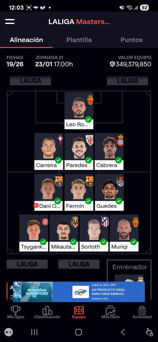 SierteK's tweet photo. @DudasFootball buen día hermano, tengo dos dudas:

Quién de capitán? Tengo a Olmo y Fermín la cuestión es como "adivinar" quién será titular, a quién pondrías?

Y la otra es cambiarías algo de la alineación? 

Tengo a: Veiga, Sow, Mascarell, Virgili y Ejuke https://t.co/bVWRhLokag