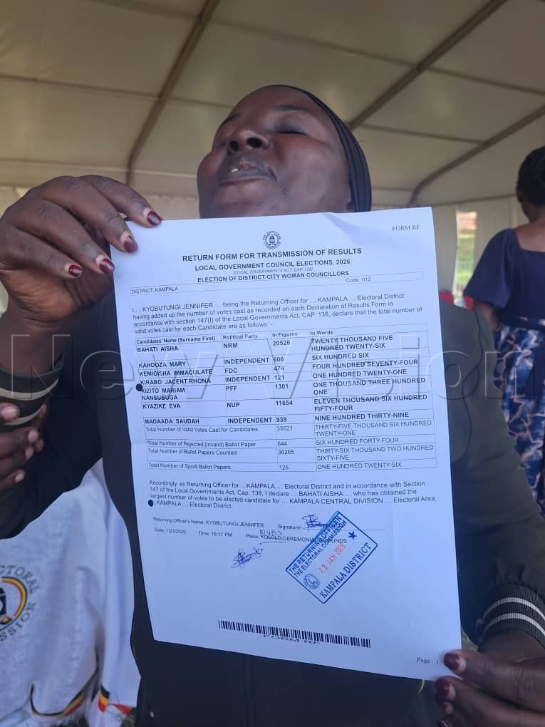 newvisionwire's tweet image. NRM’s Aisha Bahati has won the Woman Lord Councillor seat for Kampala Central Division with 20,526 votes. Her closest challenger, NUP’s Eva Kyazike, came second with 11,654 votes.

Ms Bahati appeared jubilant after the results were announced.

#UgandaDecides2026 | #VisionUpdates