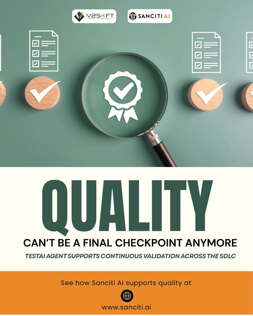 v2soft's tweet photo. Quality scales when validation runs continuously, not just before release. #TestAI Agent embeds testing across the SDLC to keep delivery confident & predictable. https://t.co/3ipBMmb7KU
#ContinuousQuality #AgenticAI #AISDLC #AIInTesting #ModernSDLC #DevTestOps #SoftwareDelivery https://t.co/INEWqjLfSo
