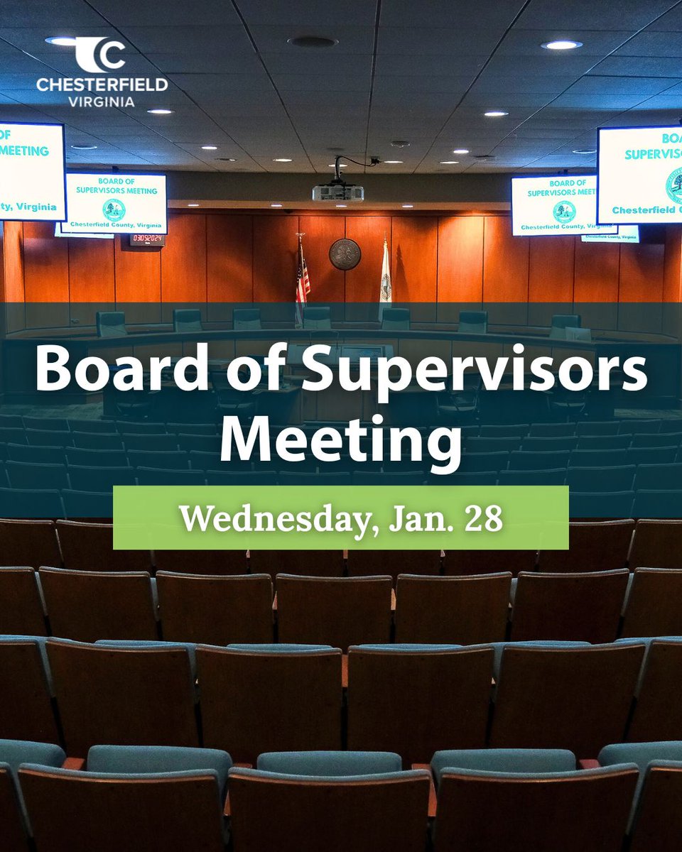 ChesterfieldVa's tweet image. The Chesterfield County Board of Supervisors is scheduled to meet on Wednesday, Jan. 28.

▶️ The meeting will be streamed live on chesterfield.gov and YouTube

👉 View the agenda and learn how to participate: bit.ly/3Nz60Bo

#Cfield #ChesterfieldVA