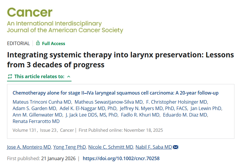JournalCancer's tweet photo. New editorial by Jose A. Monteiro MD, Yong Teng PhD, @NikkiSchmittMD, and @DrNabilSaba | Integrating systemic therapy into larynx preservation: Lessons from 3 decades of progress

https://t.co/TO57HKIY7w

@OncoAlert https://t.co/NFxgPMDekX
