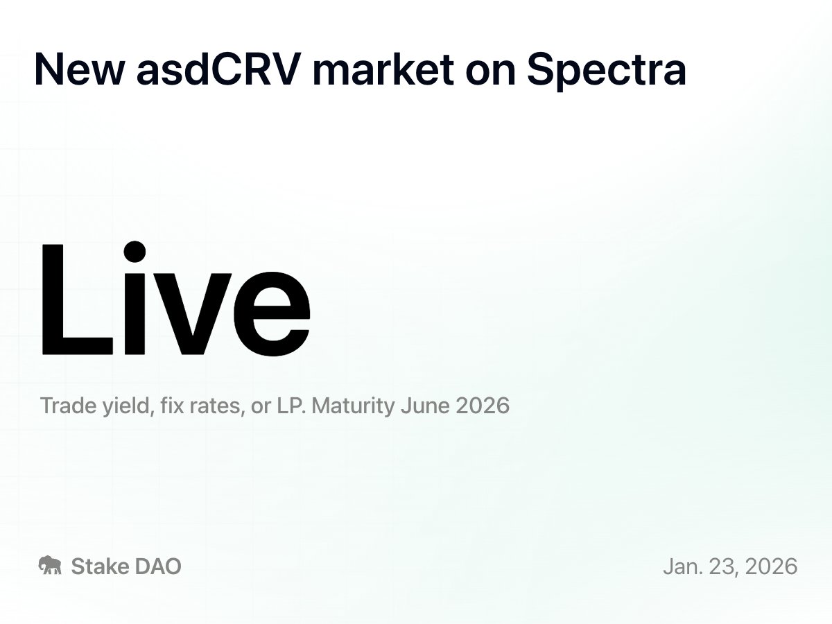 Trade asdCRV yield on <a href="/spectra_finance/">Spectra</a>.

The new Spectra market allows <a href="/0xconcentrator/">Concentrator</a> asdCRV holders to: 

- Lock in fixed rates via PT  
- Get leveraged yield exposure via YT
- Provide LP liquidity and earn swap fees  

SPECTRA incentives start next Thursday.  

Maturity: June