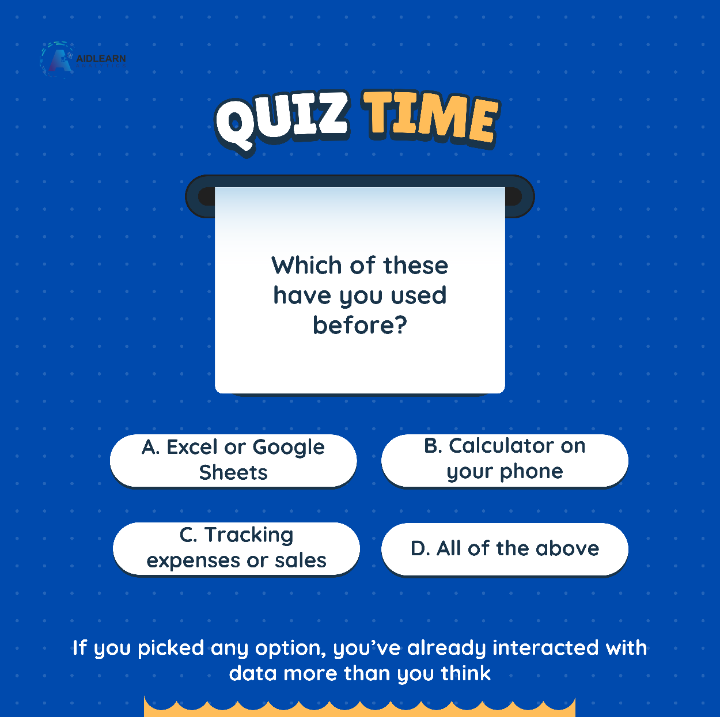AidlearnA's tweet photo. You’ve been using data more than you think. 

Ever used Excel, a calculator, or tracked expenses? That’s data in action.

Quick quiz: A, B, C, or D? Drop your answer. 

#DataAnalytics #TechTwitter #DigitalSkills #Excel #LearnData https://t.co/ckC3zJ59ax