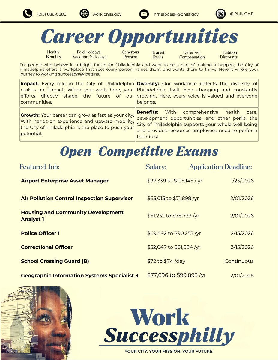 PhilaOHR's tweet photo. 🚨Now hiring across City gov!

Open roles include public safety, inspections, housing, environmental services, GIS, and more. Competitive pay, strong benefits, and meaningful work serving Philadelphia.

Apply today at https://t.co/wL6Vyr1gCv

#PhillyJobs #PublicService #NowHiring https://t.co/NzexvN9DJt