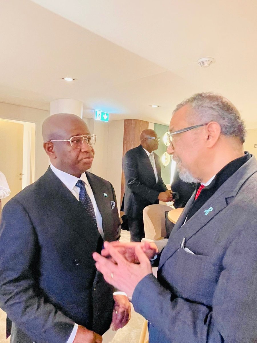 H.E. <a href="/julius_maadabio/">Julius Maada Bio</a> met with Dr. Tedros Ghebreyesus,DG of <a href="/WHO/">World Health Organization (WHO)</a>, on the margins of #WEF26 in Davos, discussed health systems, emergency preparedness and sustainable financing. The WHO DG commended 🇸🇱 for its strong mpox response and continued investments in health infrastructure