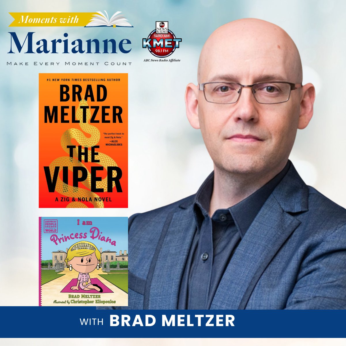 Tune in today at 1:06pm PT for <a href="/bradmeltzer/">Brad Meltzer</a>  on his two hot new books The Viper and I Am Princess Diana on Moments with Marianne <a href="/KMETRadio/">KMET1490AM</a>  kmet1490am.com

#novel #fiction #thriller #suspense #readinglist #mustread #theviper #princessdiana