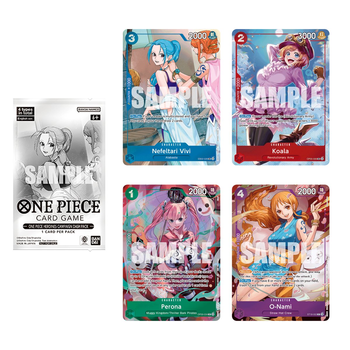 Official reveal of the English EB03 Heroines Dash Pack Promo Cards! Select stores will be including a Dash Pack with each purchase of a EB03 Booster Box. Official reveal of the English EB03 Heroines Dash Pack Promo Cards! Select stores will be including a Dash Pack with each purchase of a EB03 Booster Box.