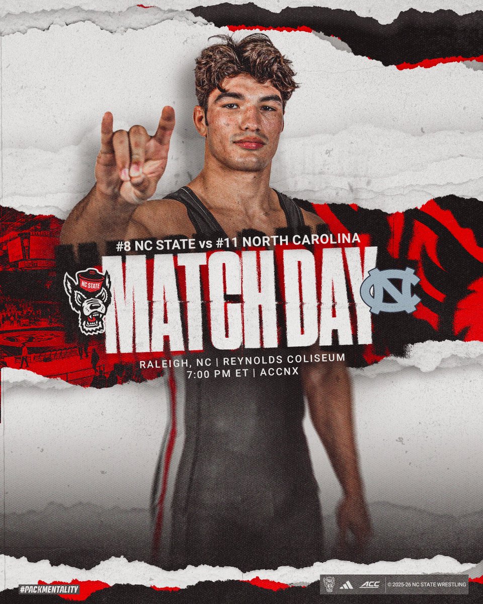 PackWrestle's tweet image. MATCH DAY

🆚 No. 11 North Carolina
⏰ 7 PM
📍 Raleigh, NC
🤼‍♂️ Reynolds Coliseum
📺 ACCNX
🎟️ bit.ly/4qAD4r3
🚨 Alumni Night
#PackMentality