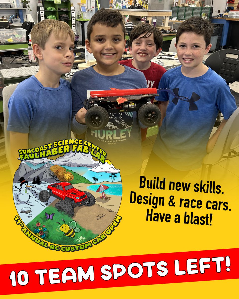 We’re just TWO weeks out from the start of #RCCar and only 10 team spots remain! Grab yours now at suncoastscience.org/rc-car. $230 includes registration for 2-4 students plus an RC car + accessories, 8 weeks of hands on workshops and open lab time, race day t-shirts &amp; more. 🚗💨